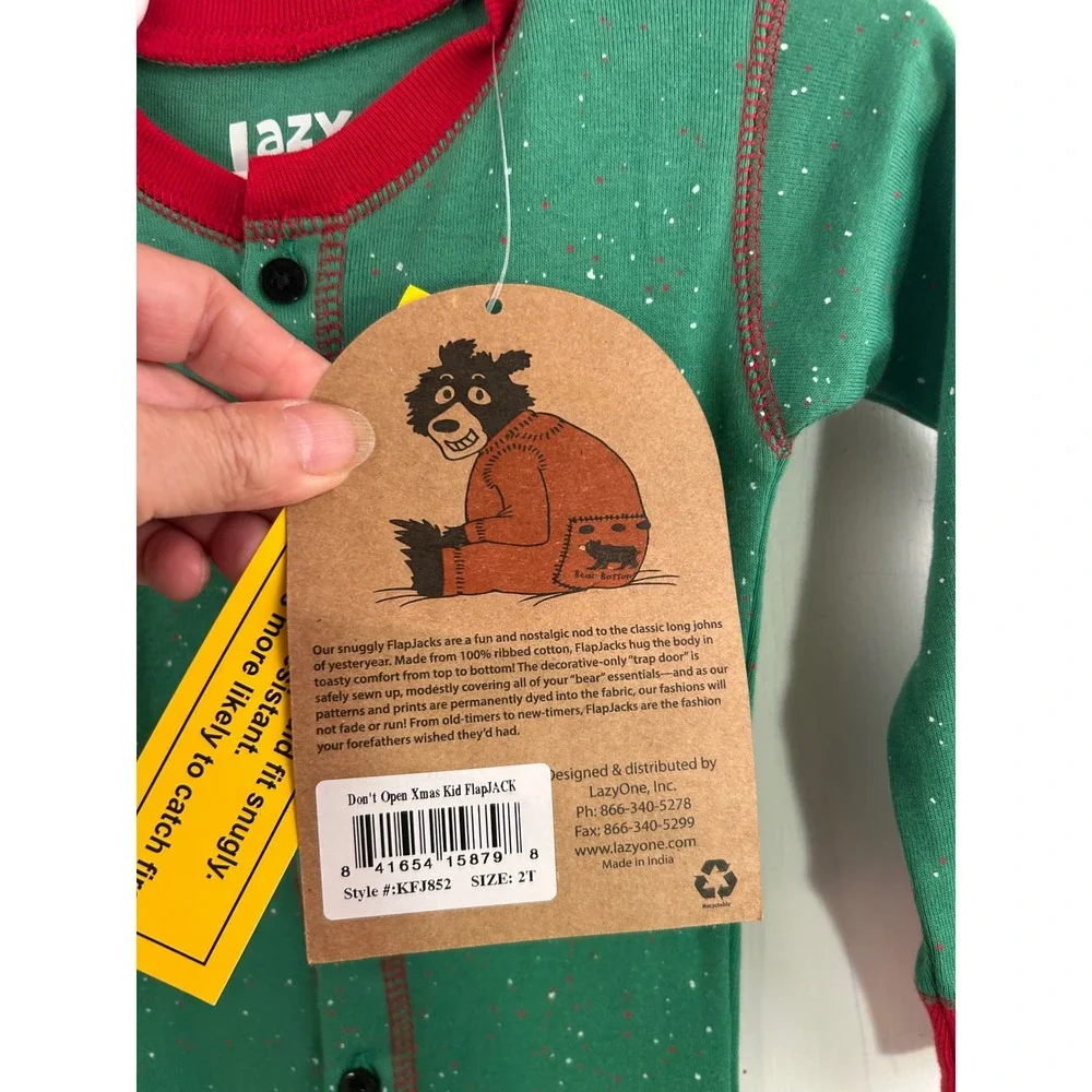 Lazy One FlapJacks 2T Green Do Not Open Til Christmas Union Suit Kids